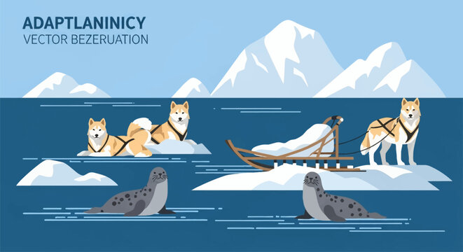 Flat vector illustration of sled dogs with a traditional wooden sled and spotted seals on ice floes in an Arctic landscape featuring snowy mountains and blue ocean water.