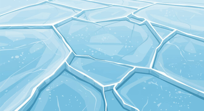 Detailed vector illustration of a cracked ice surface showing pale blue frozen water segments separated by thick white geometric fissures and internal air bubbles in winter.