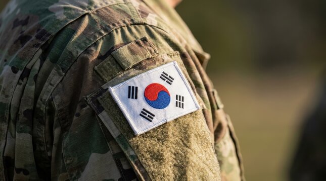 South Korean flag patch on a camouflage military uniform sleeve
