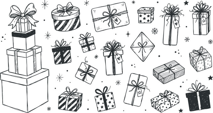 Vintage Ink Sketch Gift Box Clipart Set with Hand Drawn Festive Presents for Christmas, Birthday Celebrations, Holiday Wrapping, and Retro Vector Graphic Greeting Card Designs
