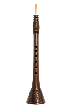 Traditional Brown Wooden Shehnai Wind Instrument With Reed And Ornate Flared Bell Isolated On Transparent Background