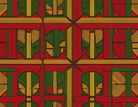 african ethnic tribal seamless pattern background red yellow green abstract symbols square repeat lines backdrop for black history month juneteenth kwanzaa print banner wallpaper