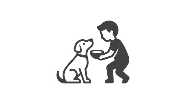 Boy Feeding Dog a Bowl.