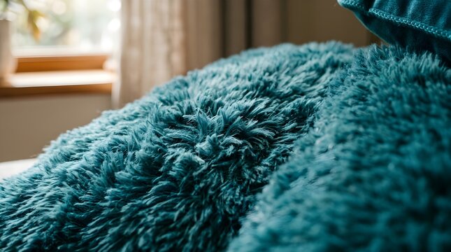 Luxurious teal fluffy textile texture with soft focus indoors near a window providing natural light for a cozy and comforting atmospheric visual