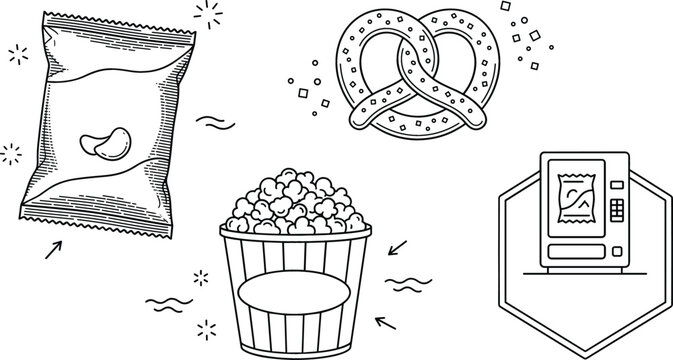 Snack food vector illustration set featuring potato chips pretzel popcorn box and vending machine line art outline template