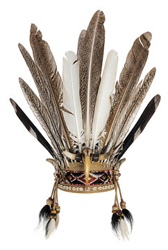 Traditional Feathered Ceremonial Headdress With Brown And White Plumes Isolated On Transparent Background
