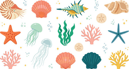 Underwater Sea Life Vector Illustration Set with Colorful Seashells Starfish Jellyfish Coral Reefs Seaweed and Sand Dollars for Marine Summer Patterns and Coastal Designs © Ismail