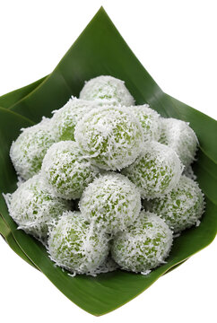 Traditional Coconut Coated Sweet Rice Balls On Green Banana Leaf Isolated On Transparent Background