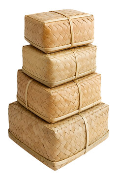Stacked Handwoven Wicker Storage Baskets With Natural Beige Texture On Transparent Background