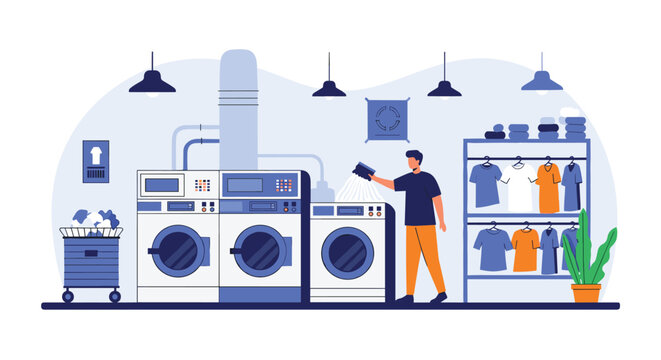 Young man adding laundry detergent to a washing machine in a spacious self service laundromat with clothes shelves and racks.
