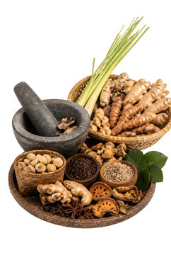 Traditional Assorted Asian Spices And Herbs With Mortar Pestle Basket Ginger Turmeric On Transparent Background