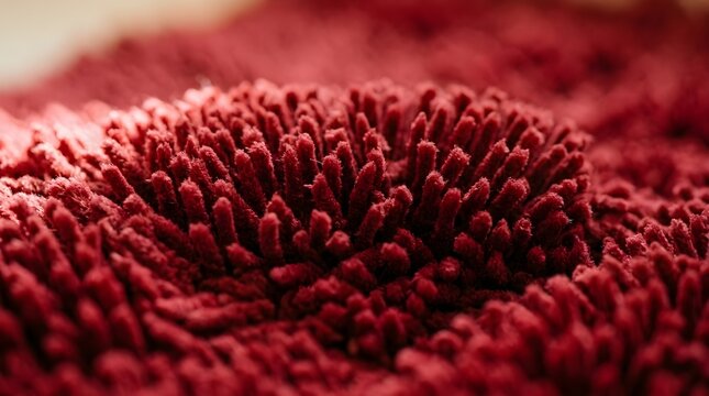 Extreme closeup view of a fuzzy red textured surface with many small fibers creating a unique pattern and depth perception showing intricate tactile qualities Extreme closeup view
