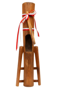 Traditional Wooden Percussion Instrument With Red And White Ribbon Isolated On Transparent Background