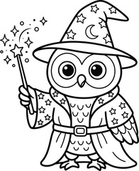 Obraz premium Cute owl wizard with magic wand and starry robe coloring page illustration for children.