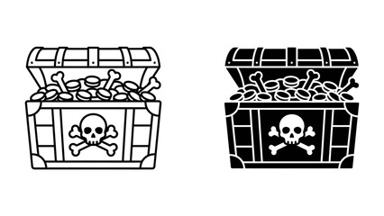 Treasure Chest Icon: A stylized illustration of an open treasure chest overflowing with gold coins and bones, featuring a prominent skull and crossbones emblem. © Nadim