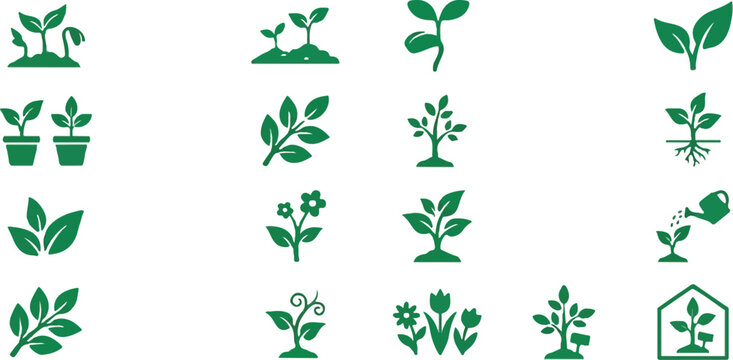 Plant growth and gardening line icons set green sprout seedling vector