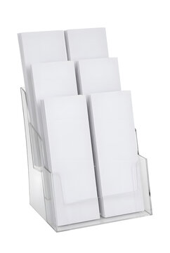 Transparent Acrylic Brochure Holder With Blank White Leaflets On Clear Countertop Display Stand