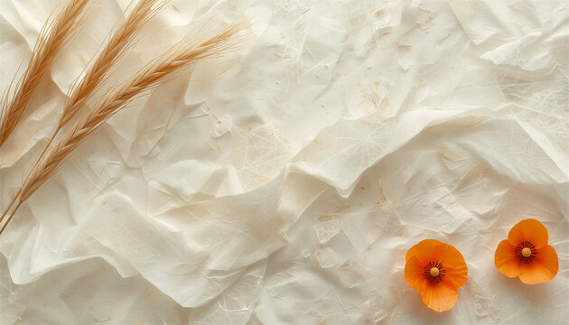 Minimalist flat lay background with dried wheat stalks and orange poppy flowers on crumpled white abaca fiber paper