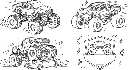 Monster truck vector illustration set featuring extreme motorsport vehicles crushing cars badges line art coloring page outline template © Mstshneha