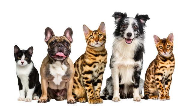 Five pets sitting together black and white cat French bulldog Bengal cat Border collie, Bengal cat
