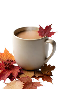 Warm Coffee In Cream Ceramic Mug With Colorful Autumn Maple Leaves On Transparent Background