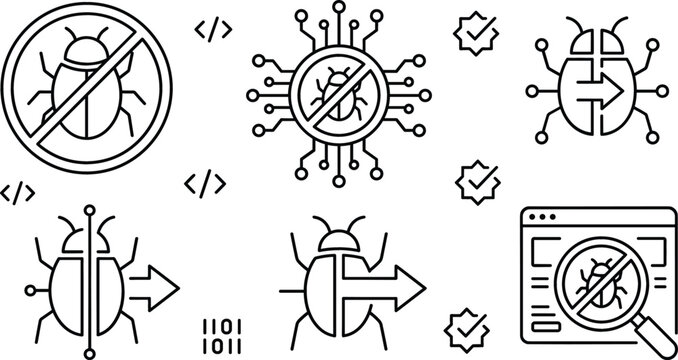Software debugging and cybersecurity vector icon set featuring bug fixing code scan malware protection linear outline technical template