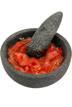 Traditional Stone Mortar And Pestle With Fresh Crushed Tomato Salsa Isolated On Transparent Background