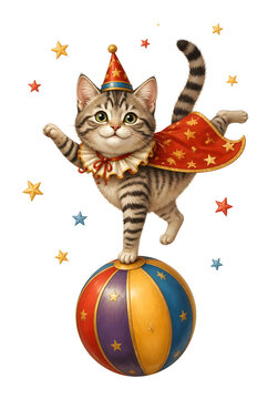 Whimsical Tabby Cat Circus Performer Balancing On Colorful Ball With Star Cape And Party Hat