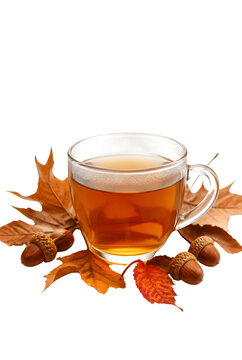 Warm Amber Tea In Glass Cup With Autumn Leaves Acorns And Pinecone Isolated On Transparent Background