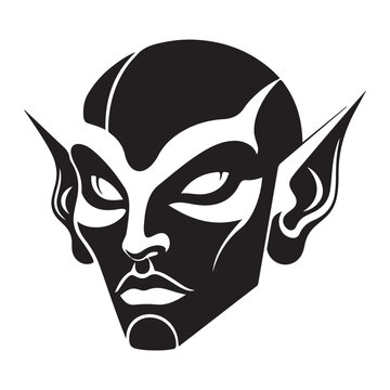 Fantasy creature head vector illustration with pointed ears and sharp facial features for gaming mascot or tattoo design