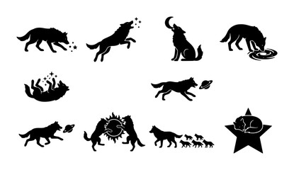 Obraz premium Wolf Silhouette Vector Icons Set, Wild Animal Poses Collection, Canine Spirit Graphics, Nature Wildlife Symbols, Black and White Design Elements