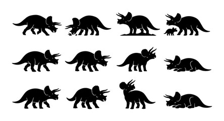 Triceratops Dinosaur Silhouettes, Prehistoric Reptile Icons, Ancient Creature Vector Set, Black and White Fossil Collection © Soniya