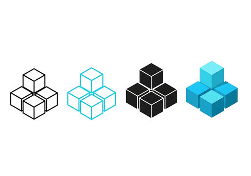 Collection of four geometric cube graphic icons in different design styles with geometry isometric abstract structure minimalist template composition