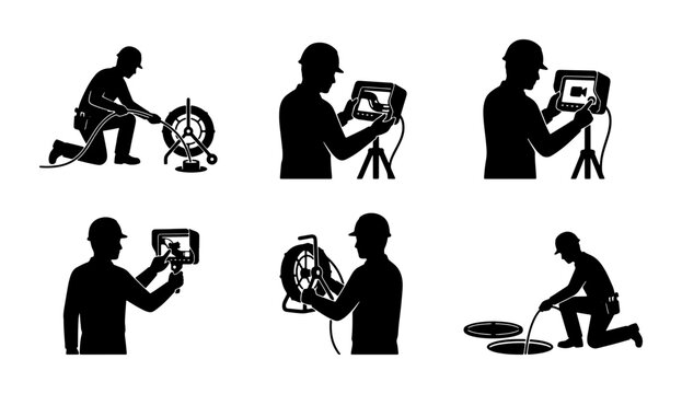 Plumbing Inspection Icons, Drain Camera Set, Sewer Line Survey, Professional Maintenance, Vector Graphics for Service Businesses