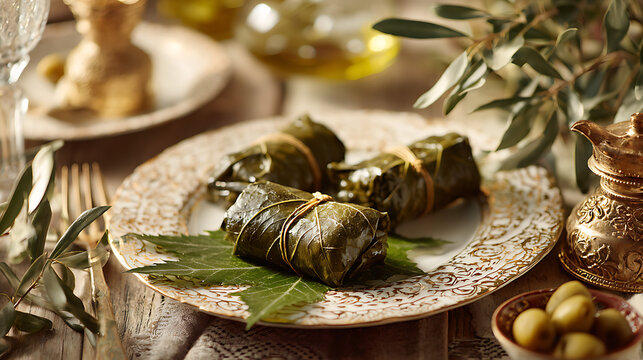 Traditional Stuffed Grape Leaves Dolma with Olive Oil on Elegant Mediterranean Table
