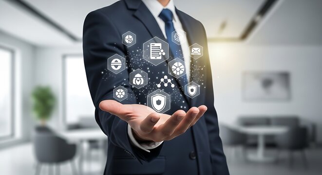 Digital transformation business concept, businessman holding glowing technology icons, cybersecurity and data management interface in modern office