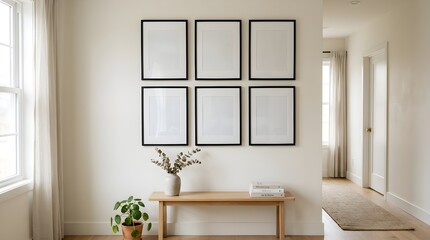 Fototapeta premium Gallery wall arrangement of six empty frames on a neutral wall with natural light streaming in from a window and a soft green plant on a wooden bench creating an inviting space