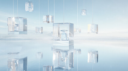 Fototapeta premium masterpiece floating crystal glass podium suspended above mirror-still water, transparent architectural blocks, realistic refraction, glowing white horizon, luxury perfume campaign
