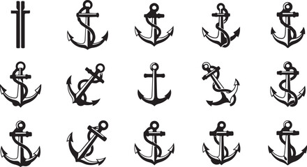 Nautical Anchor Icons, Vector Anchor Symbols, Black Marine Anchors, 15 Emblems © fksamia