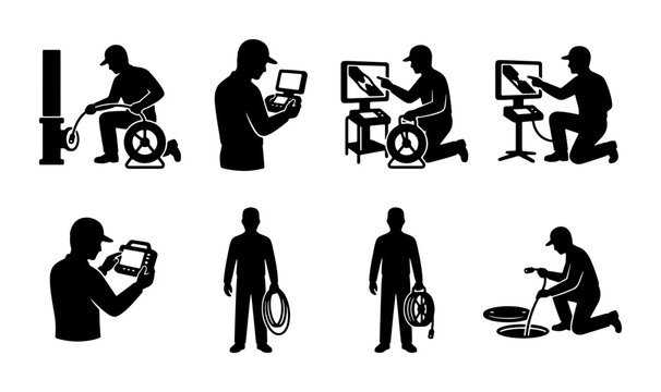 Plumbing Inspection Icons Set, Drain Camera Service Vector Graphics, Sewer Line Maintenance Symbols, Professional Pipe Repair Equipment