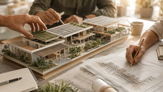 Architect reviewing passive cooling for urban buildings for modern