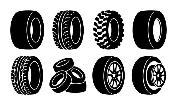 Set of 8 Black Tire Icons, Vector Graphics for Automotive and Transport Concepts, Wheel and Rubber Collection