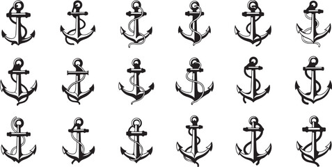 Nautical anchor icons, black vector anchors, maritime symbols, 20 anchor graphics © fksamia