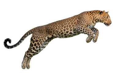 Leopard mid-air jump with spotted fur and curled tail © Motruc