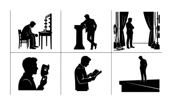 Actor Silhouette Set: Backstage Drama, Performance Preparation, and Stage Presence. 6 Vector Icons for Theater, Acting, and Dramatic Arts Concepts.