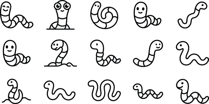 Collection of cartoon earthworm silhouettes in various playful poses during a studio lighting setup isolated on white background