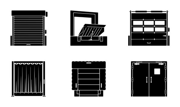 Industrial Doors and Gates Vector Icons Set: Roll-up, Sectional, Loading Dock, and Double Entry Styles for Commercial Architecture and Logistics