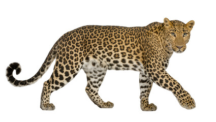 Fototapeta premium Leopard walking with spotted fur and curled tail