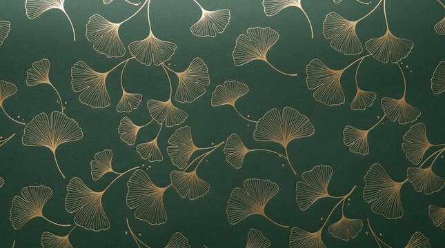 Sophisticated seamless wallpaper design featuring elegant golden ginkgo biloba leaves arranged in a graceful botanical pattern set against a rich deep emerald green background for luxury decor