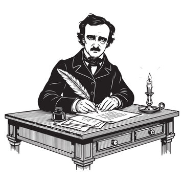 Edgar Allan Poe woodcut illustration of the author writing at a desk with a quill pen and candle for literature and history projects